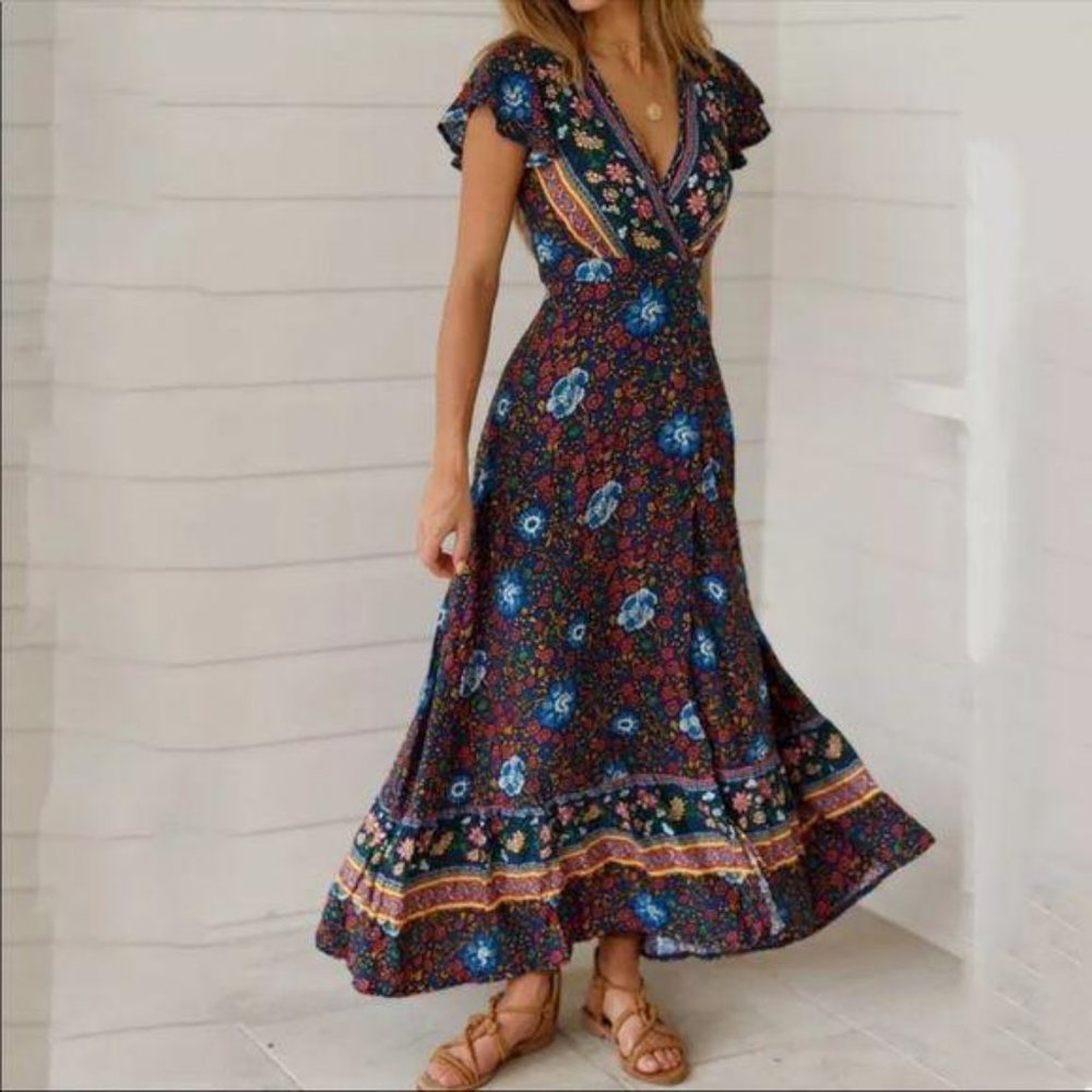 Navy Boho Floral Gypsy Print Maxi Wrap Dress - Picture 2 of 4